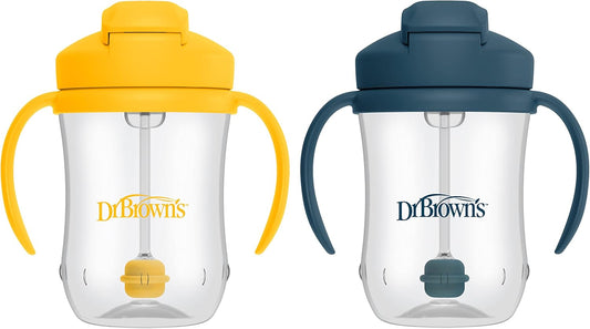 Dr. Brown’S Milestones Baby’S First Straw Cup, Training Cup With Weighted Straw, Dark Blue & Vintage Yellow, 2 Pack, 6M+