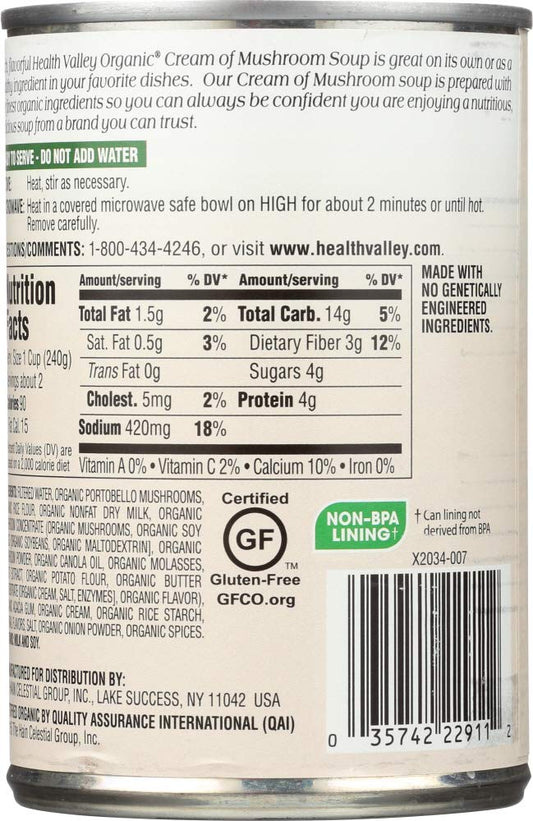 Health Valley Organic Soup, Cream Of Mushroom, 14.5 Ounce Can