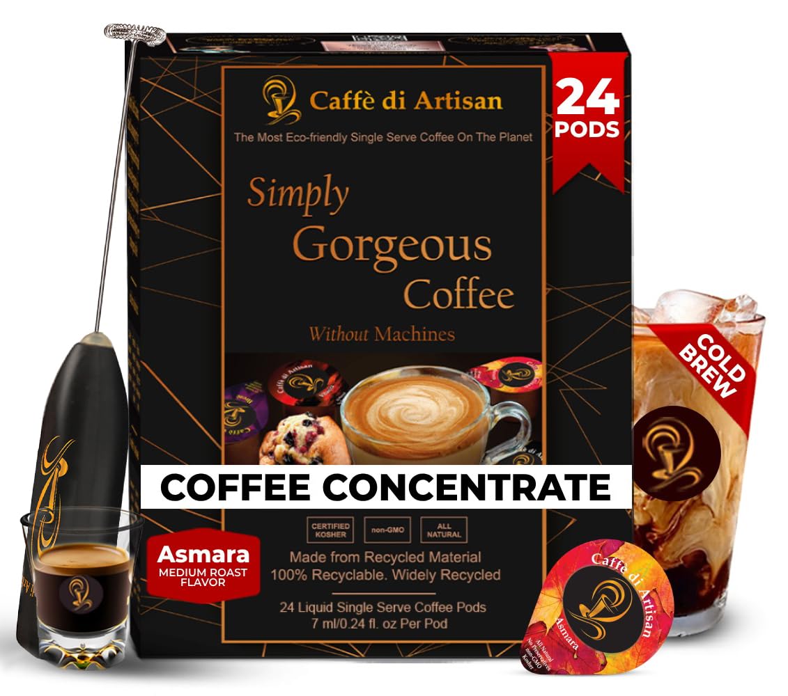 Caffè Di Artisan Liquid Coffee Pods – Premium Single-Serve Coffee For Cold Brew Concentrate, Iced Coffee & Hot Coffees – Machine-Free, Eco-Friendly, Ready In Seconds. Rich; Asmara With Frother; Arabica; Medium Roast – 24 Count