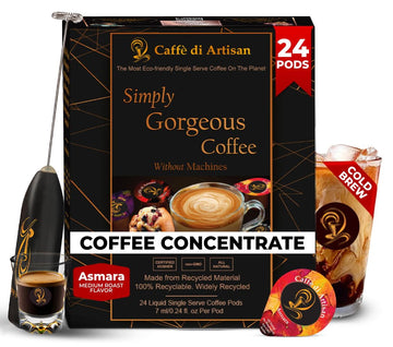 Caffè Di Artisan Liquid Coffee Pods – Premium Single-Serve Coffee For Cold Brew Concentrate, Iced Coffee & Hot Coffees – Machine-Free, Eco-Friendly, Ready In Seconds. Rich; Asmara With Frother; Arabica; Medium Roast – 24 Count