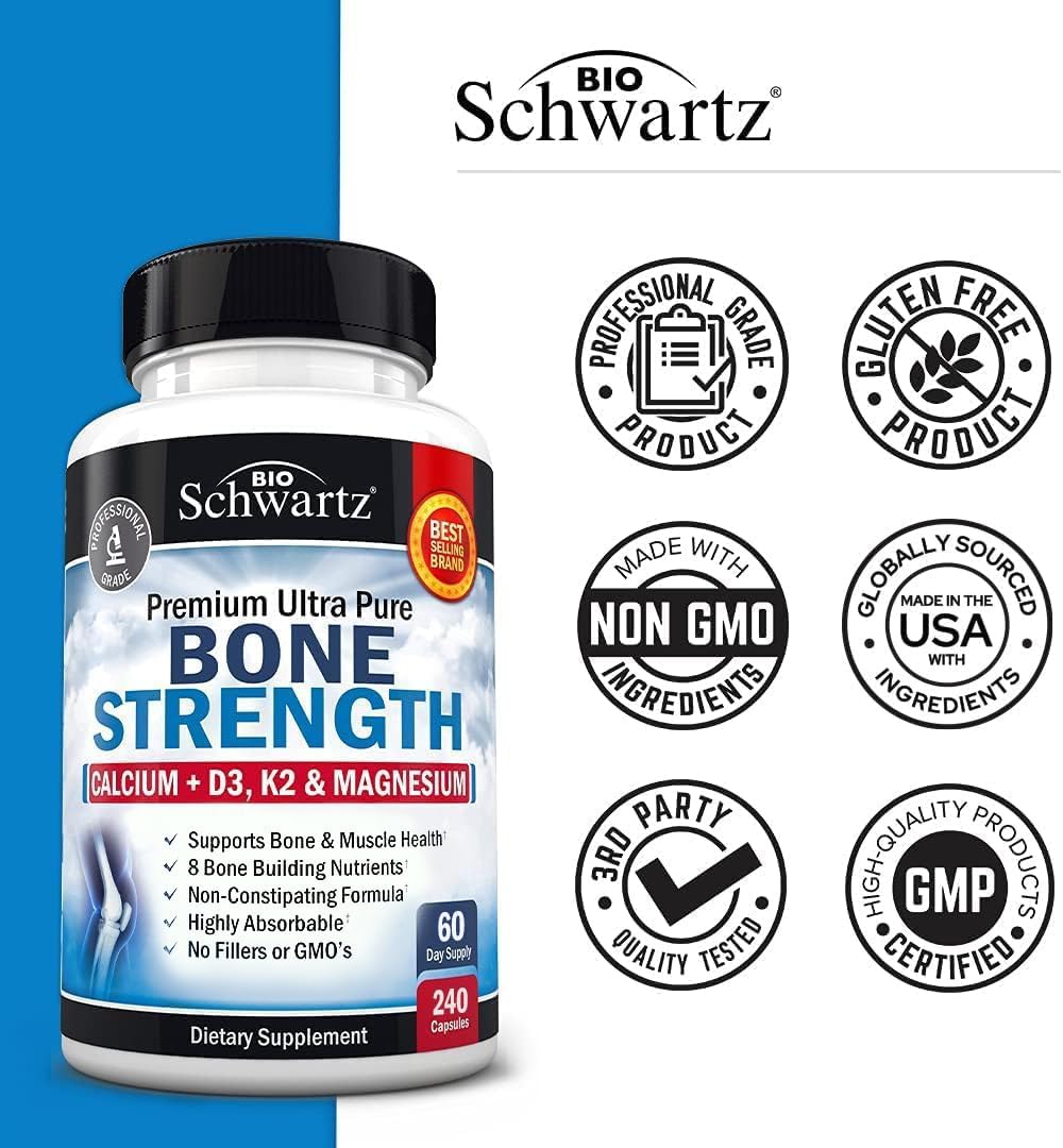 Bone Strength Supplement with Calcium Magnesium Vitamin D3 K2 Zinc (60 Day Supply) 8 Bone Building Nutrients for Bone & Muscle Support - High Absorption Non-Constipating Formula - 240 Veggie Capsules : Health & Household