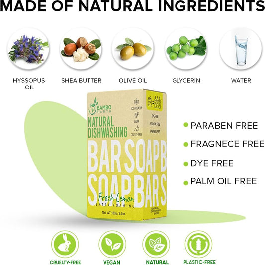 Natural Non-Toxic Dish Washing Block Soap - Dyes And Fragrance Free - Vegan Cruelty-Free Eco-Friendly And Zero Waste Dishwashing Handmade Solid Bar Soaps Detergent & Biodegradable (Lemon Pack Of 1)