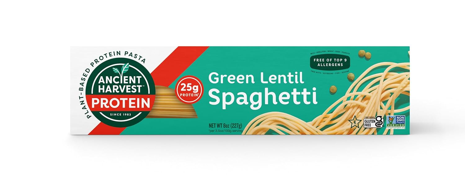 Ancient Harvest Gluten Free Plant-Based High Protein Vegan Pasta, Green Lentil and Quinoa Spaghetti, 8 Ounce (Pack of 6)