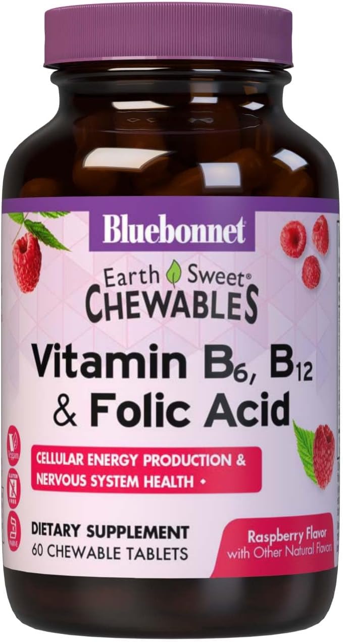Bluebonnet Nutrition Earth Sweet Vitamin B6, B12, Plus Folic Acid Chewable Tablets, Vegan, Vegetarian, Gluten Free, Soy Free, Milk Free, Kosher, 60 Chewable Tablets, Raspberry Flavor