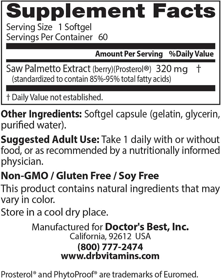 Doctor's Best Best Saw Palmetto Extract (320 mg), Softgel Capsules, 60-Count : Health & Household