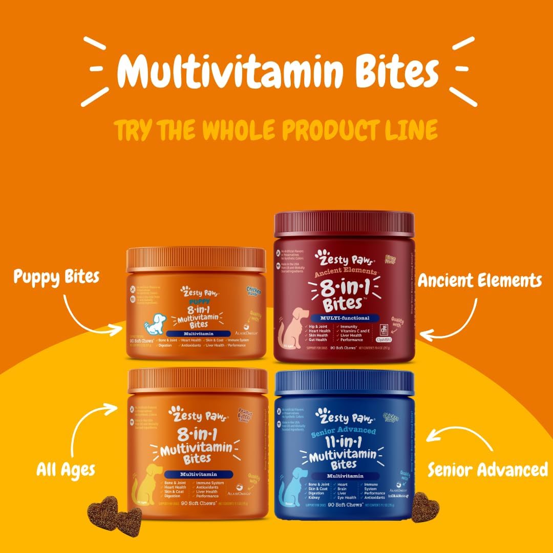 Zesty Paws Senior Dog Multivitamin Treats - Glucosamine for Dogs + Digestive Enzymes & Probiotics - Grain Free Dog Vitamins for Skin & Coat + Immune Health - Beef - Advanced - 90ct