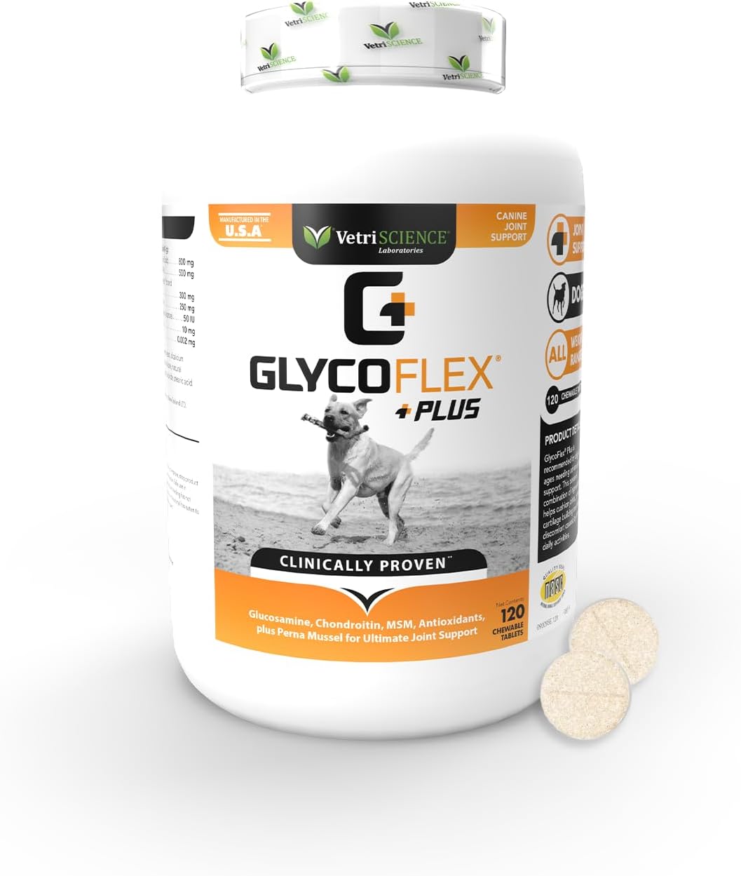 VETRISCIENCE Glycoflex Plus, Clinically Proven Hip and Joint Supplement for Dogs - Advanced Dog Supplement with Glucosamine, Chondroitin, MSM, Green Lipped Mussel & DMG - 120 Tablets, Chicken Flavor?