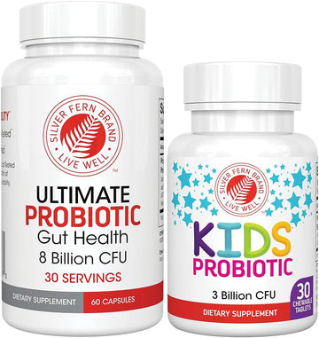 Silver Fern Brand Family Probiotics - Ultimate Adult Probiotic (1 Bottle = 60 Capsules) Plus Ultimate Children'S Probiotic For Kids (1 Bottle = 30 Chewables) - Gut Health & Microbiome Support