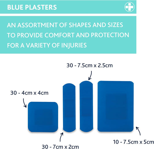 Dependaplast Food Area Blue Plasters With High Visibility And Metal Detection Properties, Easily Detectable, Individually Wrapped - Assorted Box Of 100