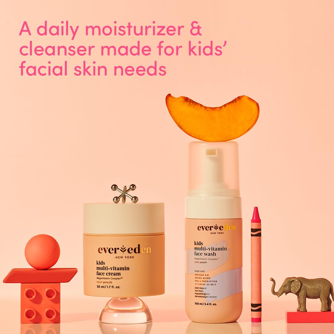Evereden Kids Happy Face Duo: Kids Face Cream, 1.7 oz. & Kids Face Wash, 3.4 fl oz. | Cool Peach Scent | 2 Item Bundle Set | Plant Based Ingredients | Clean and Natural Skincare for Kids : Beauty & Personal Care