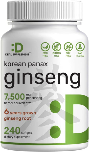 Korean Red Panax Ginseng Root Extract, 7,500mg Per Serving, 240 Softgels ? 150mg Active Ginsenosides, 5:1 Max Strength Extract ? Energy & Immune Health Supplement ? Non-GMO