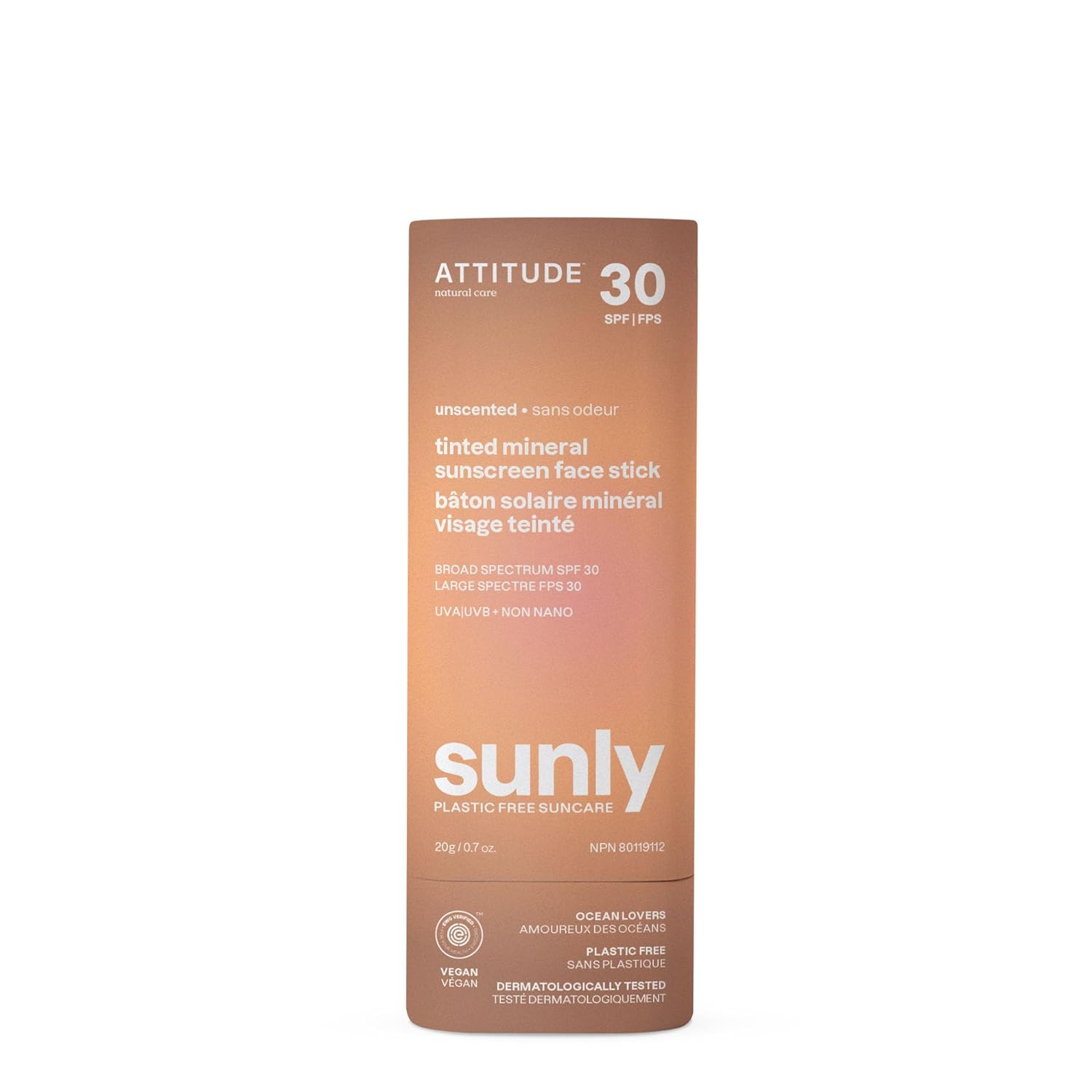 ATTITUDE Tinted Mineral Sunscreen Face Stick with Zinc Oxide, SPF 30, EWG Verified, Plastic-Free, Broad Spectrum UVA/UVB Protection, Dermatologically Tested, Vegan, Unscented, 0.7 Ounce