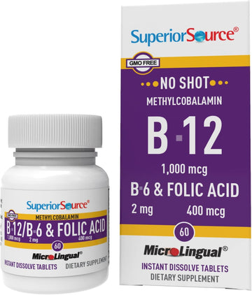 Superior Source No Shot Vitamin B12 Methylcobalamin (1000 mcg), B6, Folic Acid, Quick Dissolve MicroLingual Tablets, 60 Ct, Increase Energy, Healthy Heart, Boost Metabolism, Stress Support, Non-GMO