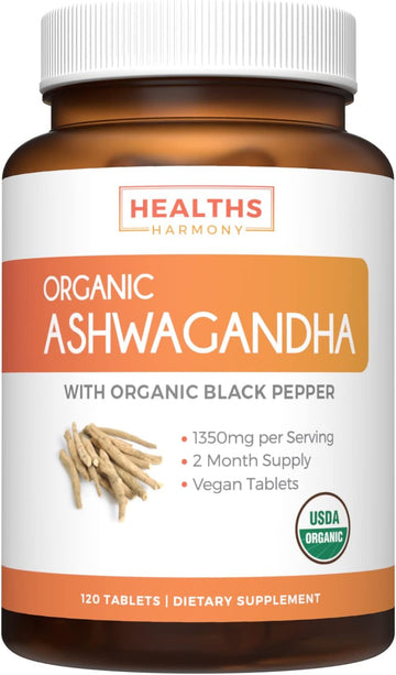 USDA Organic Ashwagandha (120 Vegetarian Tablets) 1350mg Ashwaganda Root Powder Per Serve with Black Pepper - Natural Adrenal Support, Cortisol & Thyroid Support, Immune Support (No Pills or Capsules)