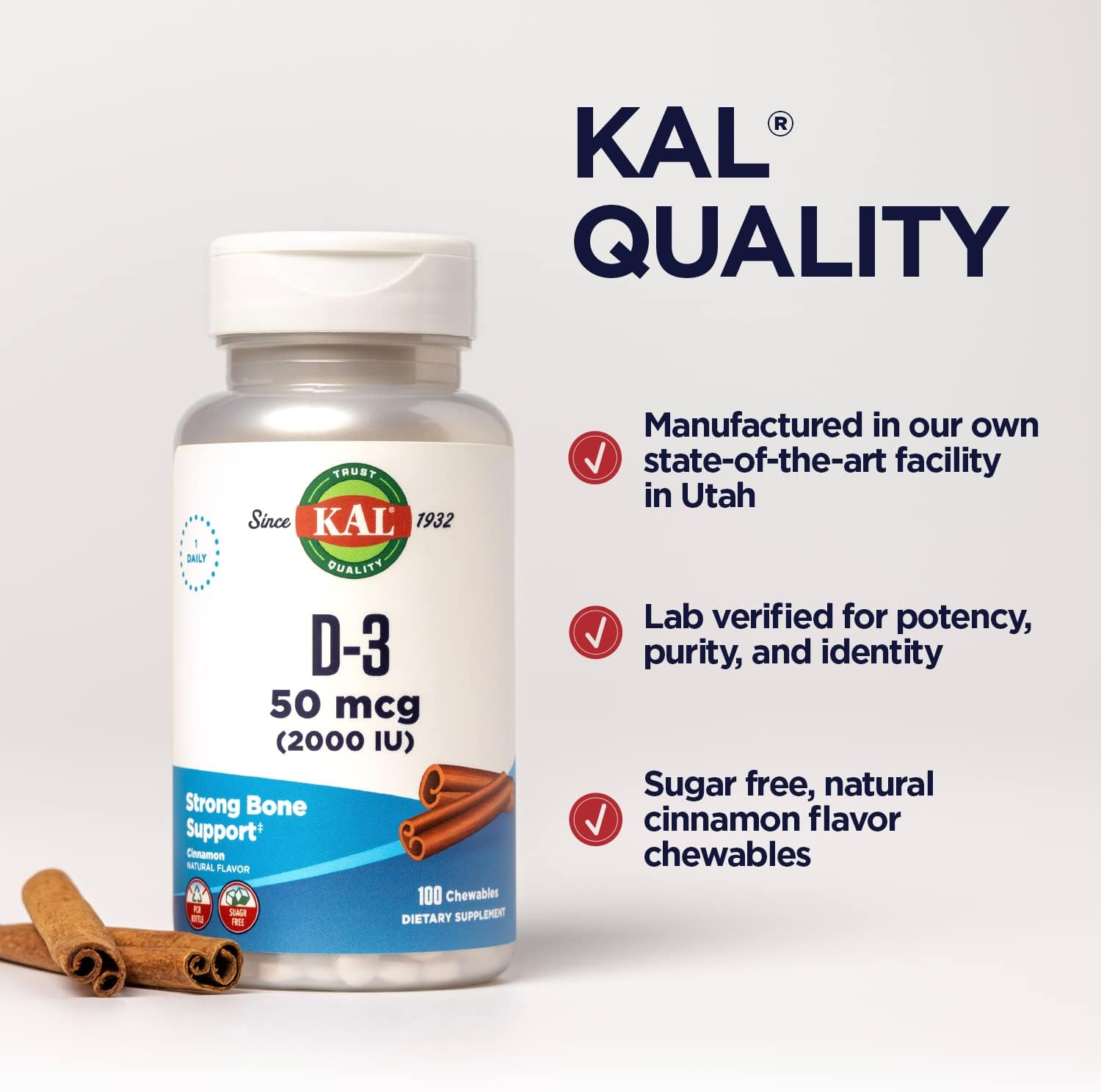KAL Vitamin D3 Chewables 50 mcg, Vitamin D 2000 IU as Cholecalciferol, Sugar Free, Natural Cinnamon Flavor D3 Vitamin, Immune Support & Bone Health, 100 Servings, 100 Chewables : Health & Household