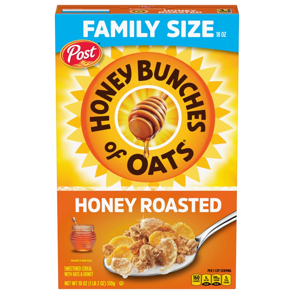 Honey Bunches of Oats Honey Roasted Breakfast Cereal, Honey Oats Cereal with Granola Clusters, 18 OZ Box