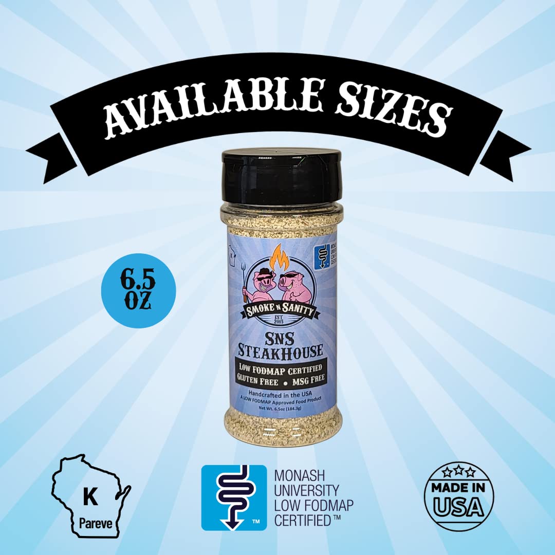 Smoke N Sanity Sns Steakhouse | Sensitive Stomach Approved | Full Flavor | Monash Certified Low Fodmap | Gluten Free | Certified Kosher | Dairy Free, Low Fodmap Foods | 6.5 Oz Shaker : Grocery & Gourmet Food