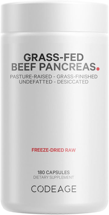 Codeage Grass Fed Beef Pancreas Supplement Glandulars - Freeze Dried, Non-Defatted Desiccated Beef Pancreas Pills – Pancreatic Enzymes Diet Meat - Pasture Raised Bovine Vitamins - 180 Capsules