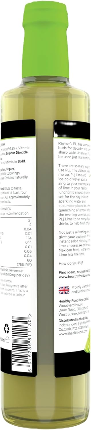 Rayner'S Plj Lime Juice, 6 X 500 Ml – Made With Real Limes, No Artificial Additives, No Added Sugar