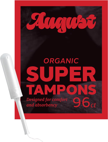 August Organic Cotton Tampons, 96 Super Tampons Made with Organic Cotton, Long Applicators, Non-toxic Organic Tampons, Fragrance-Free, Chlorine-free, and Hypoallergenic (6 boxes of 16/12 boxes of 8)