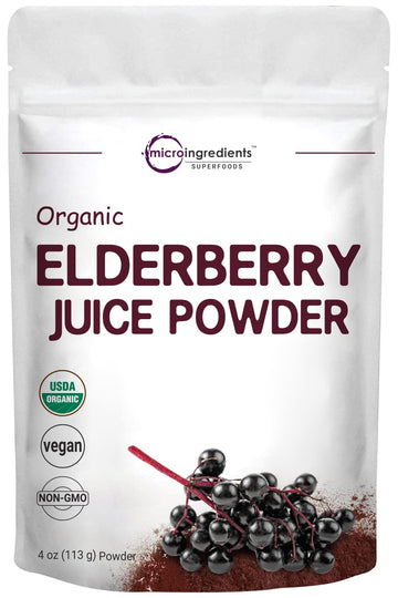 Organic Elderberry Juice Powder, 4oz | 100% Natural Fruit Powder | Cold Pressed European Elderberries | No Sugar & Additives | Great Flavor for Drinks, Smoothie, & Beverages | Non-GMO & Vegan