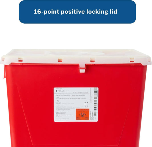 Mckesson Prevent Biohazard Sharps Container, Premium - Pg-Ii, Plastic, Vertical Entry, Rotating Lid - Red, 12 Gal, 13 In X 17 3/10 In X 20 4/5 In, 1 Count