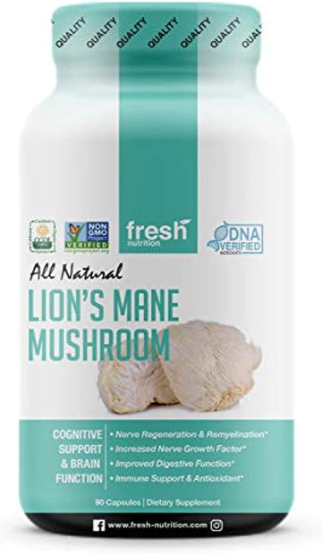 Organic Lions Mane Mushroom Capsules - Strongest DNA Verified Formula - Rich in Alpha Glucan - Powerful Superfood Supplement - Brain, Immune System Benefits - Vegan Friendly