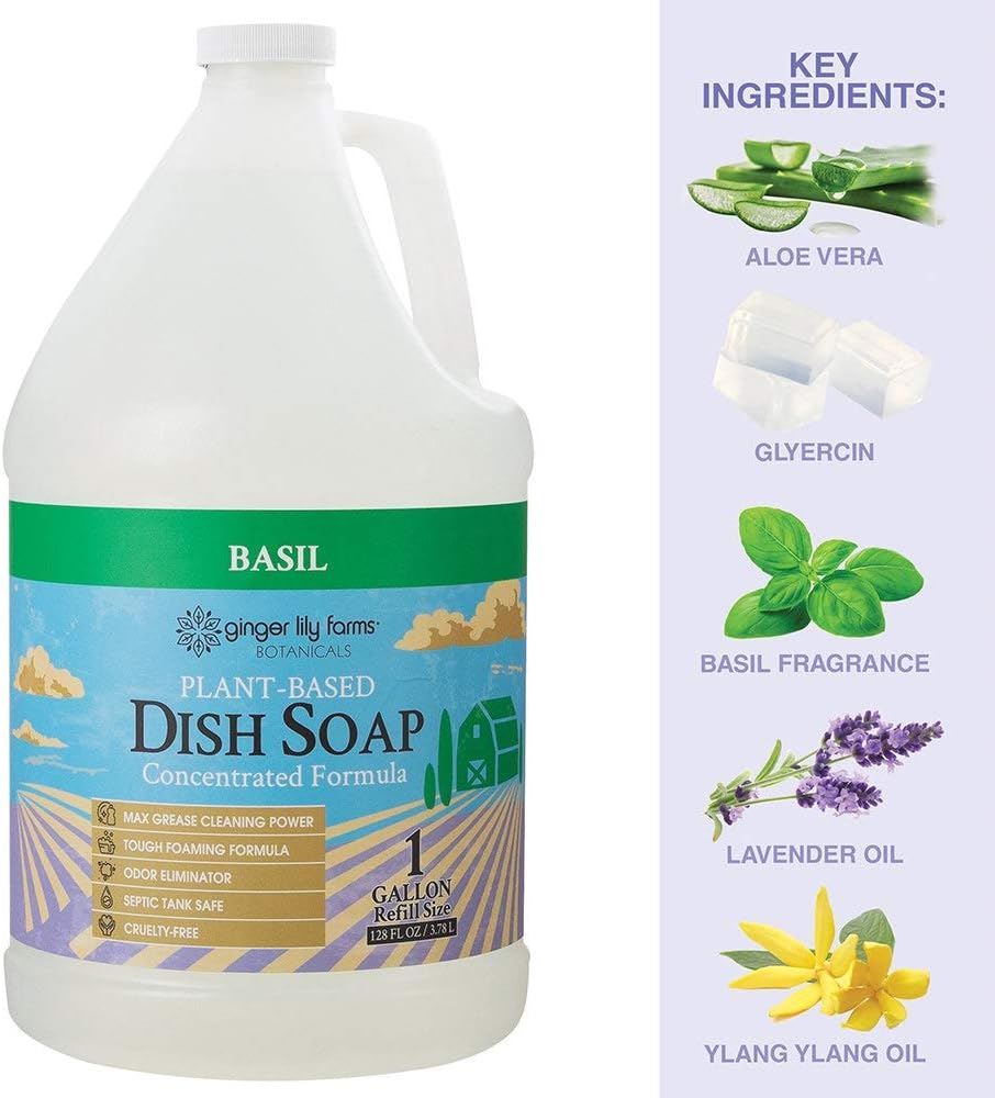 Ginger Lily Farms Botanicals Plant-Based Liquid Dish Soap, Concentrated Formula with Max Grease Cleaning Power, Cruelty-Free, Basil Scent, 1 Gallon Refill (128 Fl. Oz.) : Health & Household