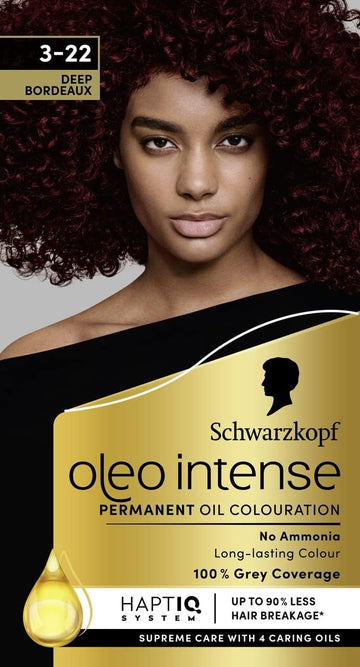 Schwarzkopf Oleo Intense Permanent Oil Colour 3-22 Deep Bordeaux Hair Dye, 100% Grey Coverage, Conditioner With Haptiq System, Long-Lasting Colour, Ammonia Free Hair Dye