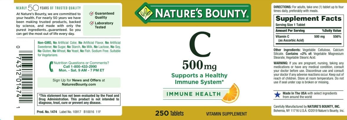 Nature'S Bounty Pure Vitamin C 500 Mg Tablets 250 Tablets (Pack Of 3)