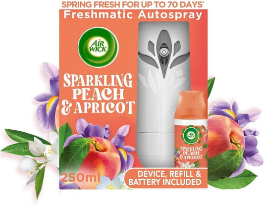 Air Wick Freshmatic Air Freshener Spray Starter Kit (1 Gadget + 1 Refill) Automatic Sprayer, Sparkling Peach and Apricot Scent for Home and Office Fragrance
