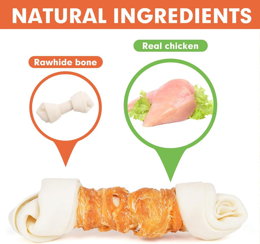 Mon2Sun Dog Treats 6.5" Rawhide Bones Chicken Wrapped Knotted Bones Dog Chews, Long Lasting Beefhide Treats For Medium And Large Dogs, Dental Health And Teeth Cleaning