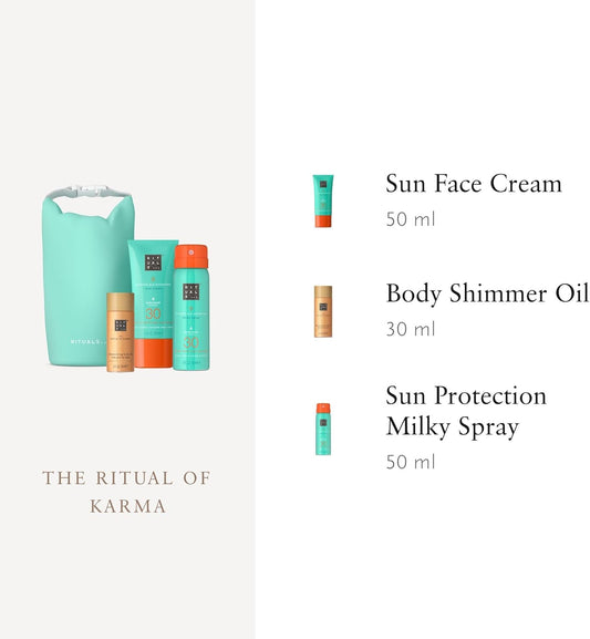Rituals The Ritual Of Karma, Summer Trio - Lotion Spf30, Face Cream Spf30, And Illuminating Oil, Sun Protective Skincare Gift Set Made With White Tea And Lotus Flower