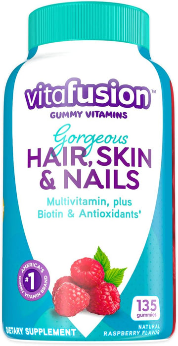 Vitafusion Gorgeous Hair, Skin & Nails Multivitamin Plus Biotin And Antioxidant Vitamins C&E, Raspberry Flavor, 135Ct (45 Day Supply), From America’S Number One Gummy Vitamin Brand