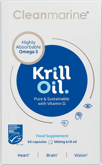 Cleanmarine Krill Oil – Packed With Epa & Dha – Omega 3 With Added Astaxanthin And Choline – Vitamin D – Heart, Eye & Brain Health – Joint & Immune Support - 60 Capsules