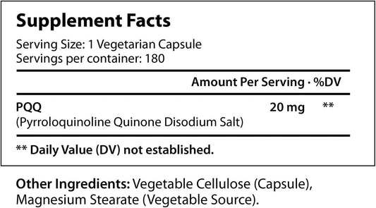 High Purity Pqq Supplement - 180 Caps - Pqq 20Mg - Mitochondrial Supplements - Quinone Capsules - Atp Supplements - Pyrroloquinoline Quinone - Aids Mitochondria Function