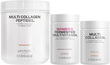 Codeage Multi Collagen Protein Capsules & Powder Peptides + Women’S Daily Multivitamin Bundle, 25+ Multivitamins & Minerals, Omega-3, Enzymes, Probiotics, Vitamin C, Zinc, Biotin, Non-Gmo Supplement