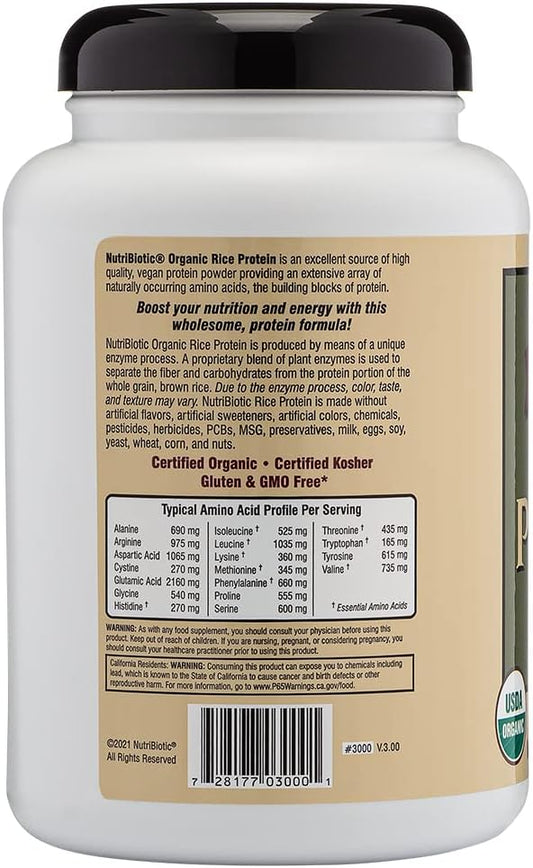 NutriBiotic Certified Organic Plain Rice Protein, 21  | Low Carbohydrate Vegan Protein Powder | Raw, Certified Kosher & Keto Friendly | Made without Chemicals, GMOs & Gluten | Easy to Digest