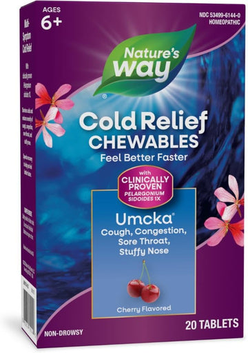 Nature'S Way Cold Relief, Umcka, Shortens Duration And Reduces Severity, Multi-Symptom Cold Relief, Homeopathic, Phenylephrine Free, Cherry Flavored, 20 Chewable Tablets (Packaging May Vary)