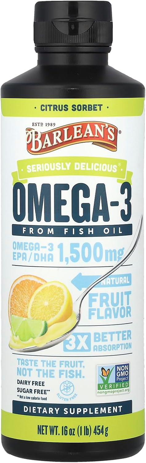 Barlean'S Citrus Sorbet High Potency Omega 3 Fish Oil Liquid Supplement, 1500Mg Of Epa & Dha Fatty Acid, Smoothie Flavored & Burpless For Brain, Joint, & Heart Health, 16 Oz