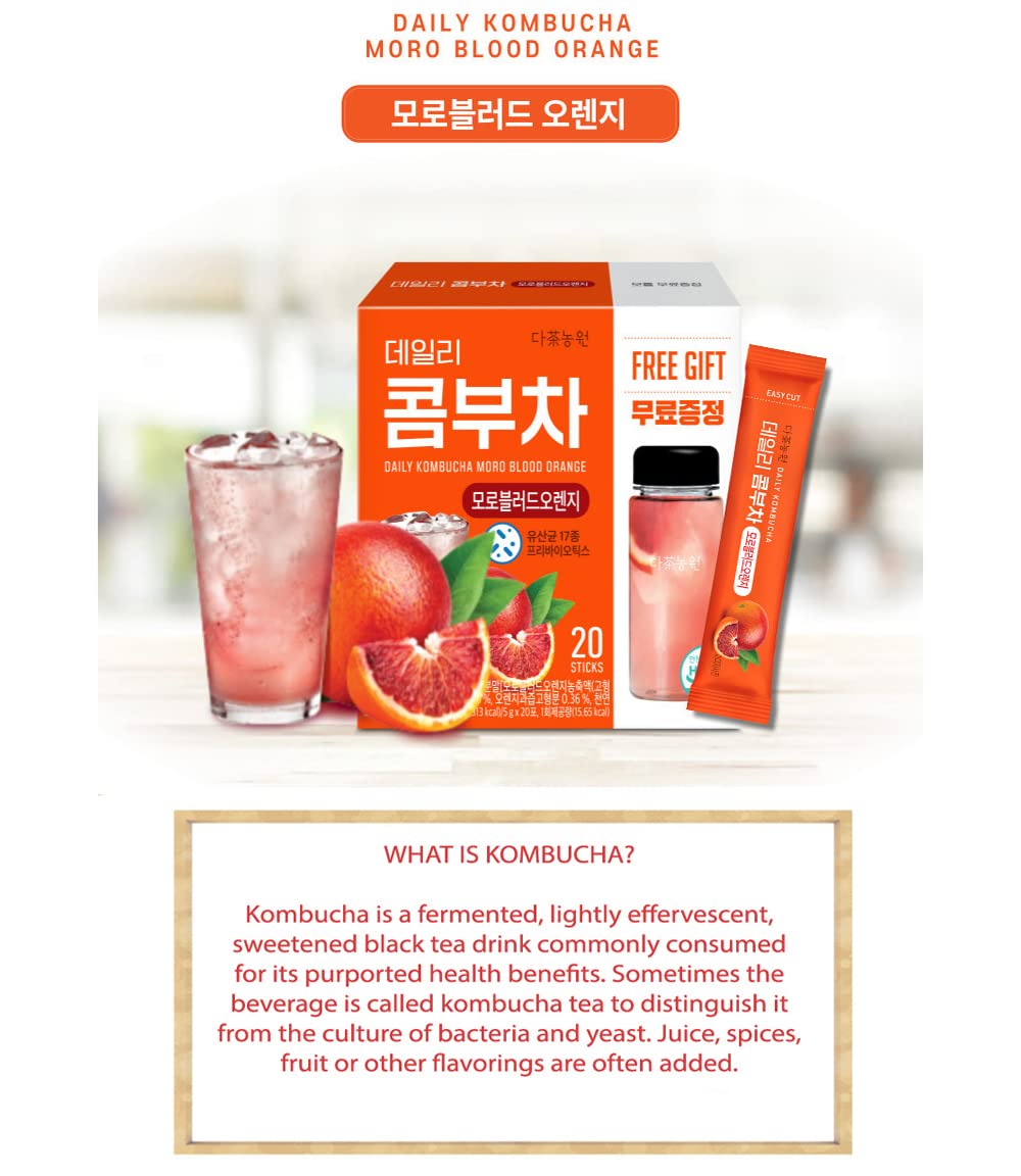 Garden Kombucha Tea, Powder 5G X 20 Sachets (100G/3.52Oz) Probiotics, Prebiotics, Sugar Free, Black Tea, Healthy Drink With Bottle (Free Bottle Shaker) (Moro Blood Orange)