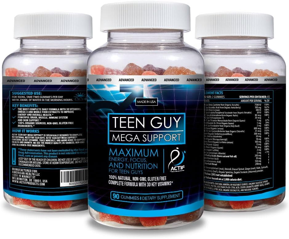 Actif Teen Guy Mega Support with 30 Organic Vitamins, Omega-3, Super Greens, Fruits, Vegetables – Energy and Memory Supplement for Teens, 90 Gummies : Health & Household