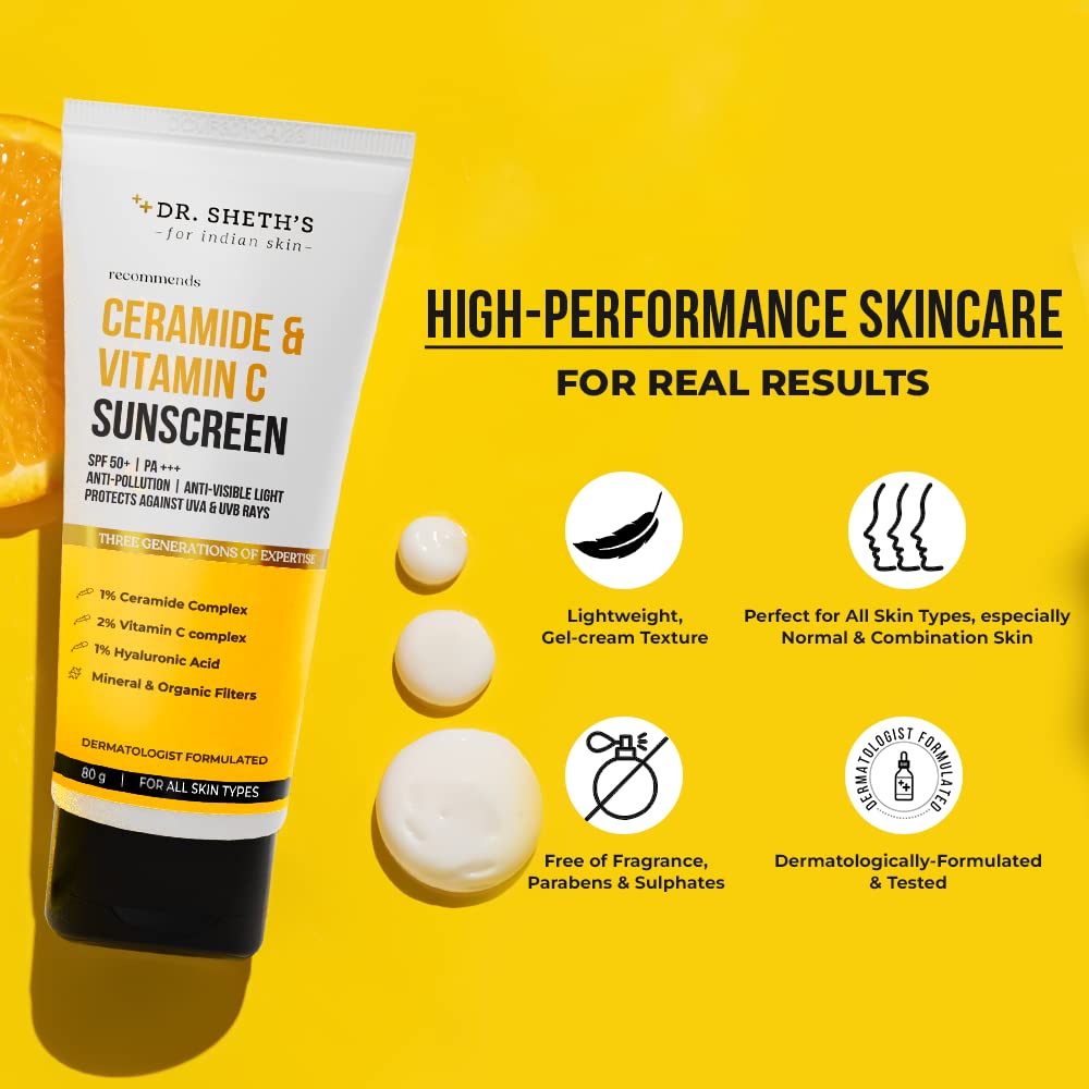 Dr. Sheth'S Women & Men Ceramide & Vitamin C Sunscreen For All Skin Types Spf 50+ Pa+++ | For Deep Moisturization | Non-Greasy,Quick-Absorbing | 80G,Pack Of 1