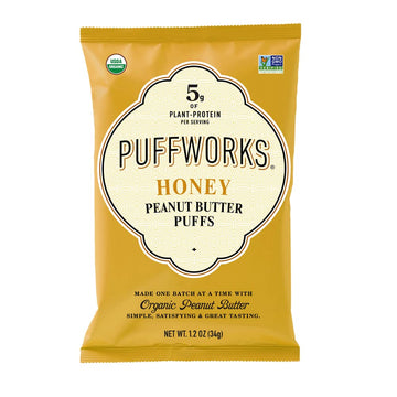 Puffworks Honey Organic Peanut Butter Puffs, 1.2 Ounce (Pack of 6), Plant-Based Protein Snack, Gluten-Free, Dairy Free, Kosher