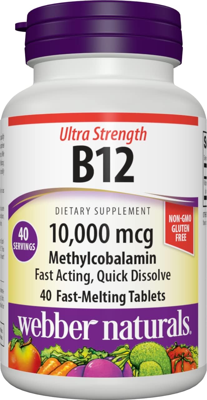 Webber Naturals Vitamin B12 10,000 mcg Ultra Strength, 40 Count, Fast-Melting Tablets, Supports Energy Metabolism, Immune and Heart Health, Gluten Free, Non-GMO, Vegan