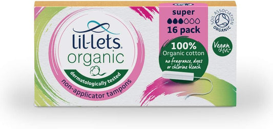 Lil-Lets Organic Non-Applicator Super Tampons, 16 Count (Pack of 1), for Medium to Heavy Flow, Made with 100% Organic Cotton, GOTS Certified, Vegan Organic Tampons, Plastic Free Period Care