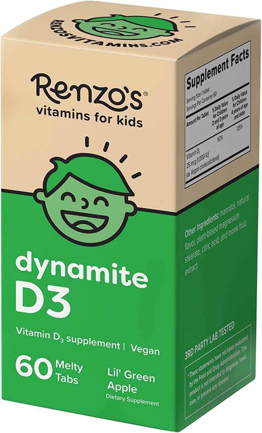 Renzo's Dynamite Vitamin D3 - Dissolving Kids Vitamin D3-60 Sugar-Free Melty Tabs, Lil? Green Apple Flavored