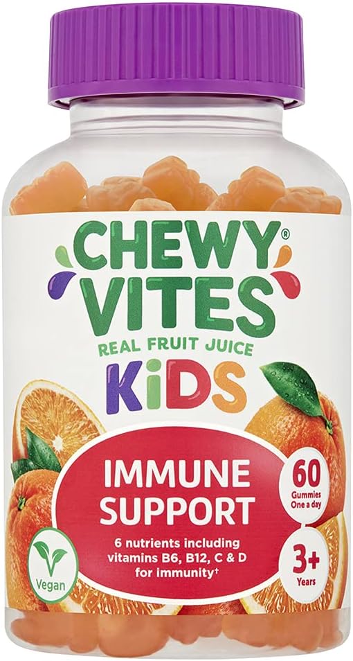 Chewy Vites Kids Immune Support, 60 Kids Vitamins Gummies, High Strength Vitamin D, Vit C, B6, B12, Zinc, Selenium, 2 Months Supply, Real Fruit Juice, Vegan, Age 3 +, Orange Flavour