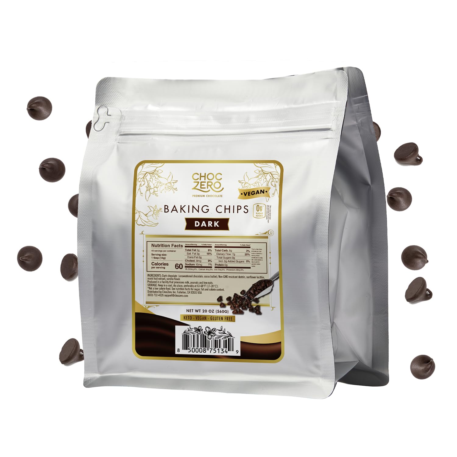 Choczero Dark Chocolate Chips - Sugar Free, Low Carb, Keto Friendly, Gluten Free - 20 Ounce Bulk Bag For Baking Keto Diet Cookies And Dessert