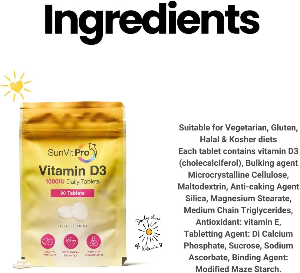 SunVit-D3 Vitamin D 1000IU - Cholecalciferol Vitamin D Tablets 1000IU Support the Maintenance of Bone, Teeth, Muscle & Immune System | UK Made, GMP Approved, Dairy & Gluten free D3 Vitamins 90 Tablets : Amazon.co.uk: Health & Personal Care